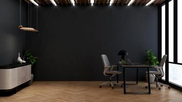 Rendu 3d vue latérale de la conception de bureau moderne - maquette de mur intérieur de la salle du directeur avec concept sombre photo