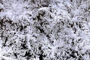 flocons de neige et motif de givre sur le verre se bouchent photo