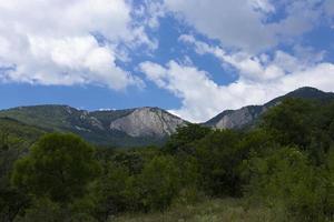 paysage de montagne, montagnes vertes de velours avec une forêt et des falaises abruptes grises contre un ciel avec des nuages. paysage. photo