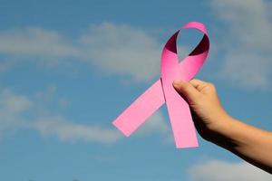 ruban de papier rose tenant dans les mains d'une adolescente pour montrer et appeler toutes les personnes du monde entier à soutenir et à assister à la campagne contre le cancer du sein de la femme, mise au point douce et sélective.