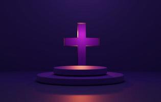 cercle violet piédestal et croix sur fond violet abstrait. rendu 3d, illustration 3d. photo