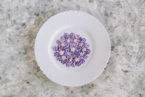 assiette à fleurs lilas blanches et violettes à cinq pétales et gouttes d'eau. concept de printemps frais. symbole de bonne chance. photo