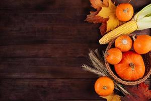 bonne journée d'action de grâce. citrouilles orange mûres, blé et maïs sur fond de bois marron. photo