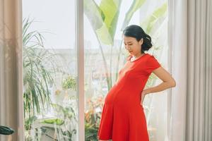 femme enceinte debout contre la fenêtre photo