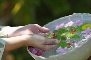 main féminine et fleur dans l'eau photo