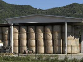 boule de foin récoltée dans le hangar en été photo