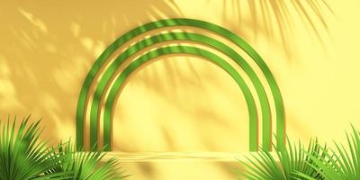Affichage de podium de produit vert et jaune 3d avec fond orange et ombre d'arbre, fond de maquette de produit d'été, illustration de rendu 3d photo