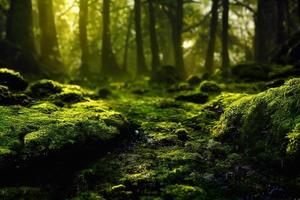 une illustration générée par ordinateur d'une mousse verte luxuriante sur un sol forestier avec des rochers et des arbres. ai généré art. photo