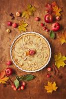 gâteau aux pommes fait maison avec de la crème sure, des pommes rouges, des pommettes et de la cannelle sur fond de bois, vue de dessus photo