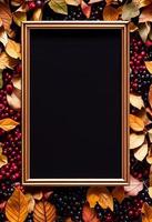Illustration 3d d'un cadre en bois rectangle décoratif avec des baies et des feuilles d'automne autour d'elle photo