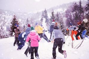 groupe de jeunes s'amusant dans un magnifique paysage d'hiver photo