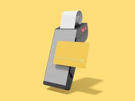 terminal pos noir gris avec carte de crédit et chèque. machine moderne pour le paiement sans numéraire. appareil pour paiement nfc. rendu 3D sur fond jaune. photo