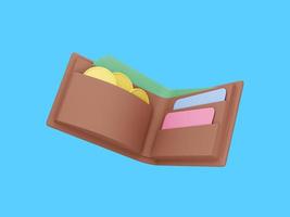 icône de paiement de concept. portefeuille ouvert avec pièces de monnaie, billets et cartes de crédit flottant sur fond bleu. rendu 3d photo