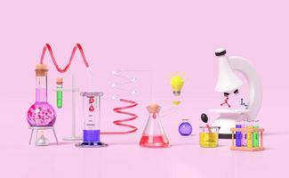 Kit d'expérience scientifique 3d avec lampe à alcool, bécher, tube à essai, microscope, ampoule isolée sur fond rose. éducation innovante en ligne en classe, concept de pointe d'idée, illustration de rendu 3d photo