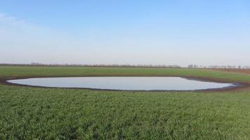 paysage rural avec vue sur les champs et grande flaque d'eau au milieu. nature après la pluie. photo
