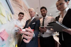 groupe de gens d'affaires remue-méninges et prise de notes sur le tableau de bord photo