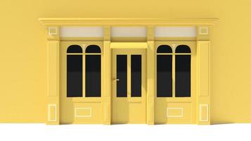 vitrine ensoleillée avec de grandes fenêtres façade de magasin blanc et jaune
