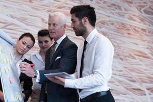 groupe de gens d'affaires remue-méninges et prise de notes sur le tableau de bord photo