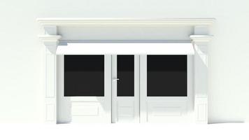Vitrine ensoleillée avec de grandes fenêtres façade de magasin blanc avec auvents