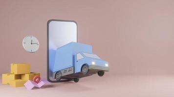concept d'application de service de livraison en ligne, camionnette de livraison et téléphone portable avec carte. 3d photo
