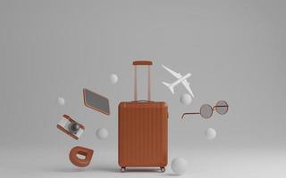 bagages avec avion, lunettes de soleil et appareil photo sur fond gris concept de voyage. rendu 3d.