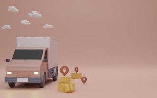 concept de service de livraison, livraison à domicile. camionnette de livraison, emballage de boîte brune et épingle. rendu 3d. photo