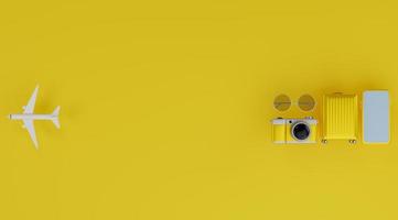maquette mobile à écran blanc avec avion, appareil photo, bagages et lunettes de soleil sur fond jaune concept de voyage. rendu 3d photo