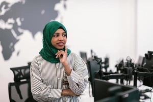 portrait d'une femme noire musulmane développeur de logiciels avec hijab vert debout dans un bureau de démarrage moderne à plan ouvert. mise au point sélective photo
