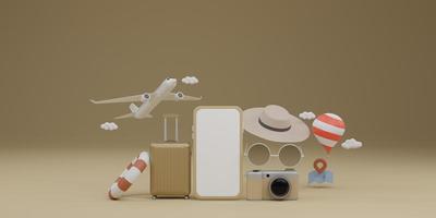 maquette mobile à écran blanc avec avion, ballon, anneau en caoutchouc de natation, bagages, lunettes de soleil, chapeau et appareil photo sur le concept de voyage de fond marron. rendu 3d