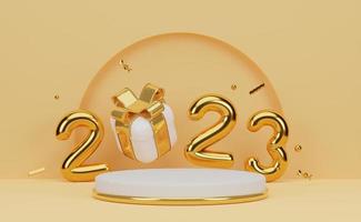 bonne année 2023. fond jaune. rendu 3d photo