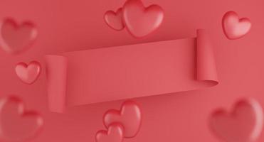 concept de la saint-valentin, ballons coeurs rouges avec bannière sur fond rouge. rendu 3d. photo