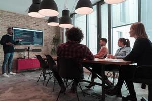 le chef donne une présentation d'affaires lors d'une réunion de conférence de bureau, le mentor d'entraîneur d'homme d'affaires explique le graphique à bord de la formation d'atelier de groupe d'entreprise dans la salle de réunion. mise au point sélective photo