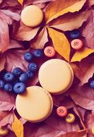 compositions d'automne. toile de fond faite de baies d'automne, baies d'automne, macarons. automne, concept d'automne. mise à plat, vue de dessus photo