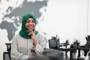 portrait d'une femme noire musulmane développeur de logiciels avec hijab vert debout dans un bureau de démarrage moderne à plan ouvert. mise au point sélective photo