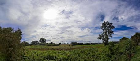 beau panorama haute résolution d'un paysage de pays d'europe du nord avec des champs et de l'herbe verte photo