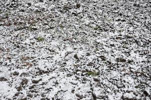 la texture du sol, recouvert d'une fine couche de neige. le sol du jardin en hiver. le sol creusé de près photo