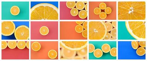 un collage de nombreuses photos avec des oranges juteuses. ensemble d'images avec des fruits et des couleurs différentes