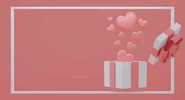 maquette de boîte-cadeau avec des coeurs de ballons volants sur fond de couleur rose. notion de fête. rendu 3d. photo