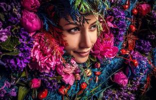 portrait de fille de conte de fées entouré de plantes et de fleurs naturelles.