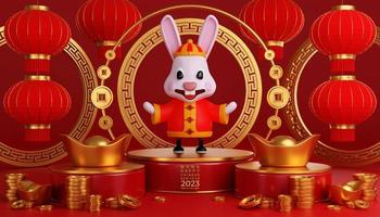 Illustration 3d de lapins mignons pour le joyeux nouvel an chinois 2023 année du signe du zodiaque lapin photo