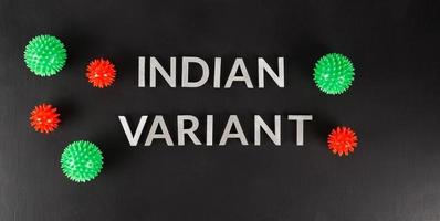 variante indienne de mots posée avec des lettres en métal argenté sur une surface plate noire mate avec de petits modèles de virus photo