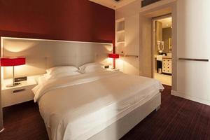 chambre d'hôtel de luxe avec lit double et salle de bain