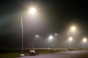 bancs dans le parc brumeux de nuit avec de hautes lumières photo
