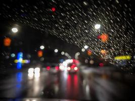 photo floue de la vue du conducteur de nuit sur la ville depuis la voiture de direction droite