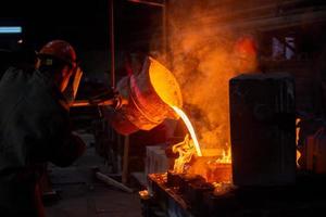 deux ouvriers remplissant un moule avec du métal fondu en usine. photo