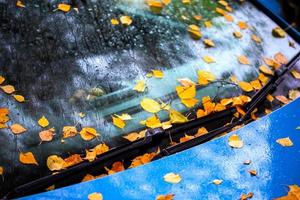 feuilles de bouleau tombées collent sur le capot et le pare-brise de la voiture bleu outremer - gros plan sur l'arrière-plan de mise au point sélective d'automne photo