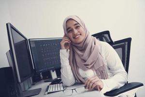 professionnel de la création arabe travaillant au bureau à domicile sur un ordinateur de bureau photo