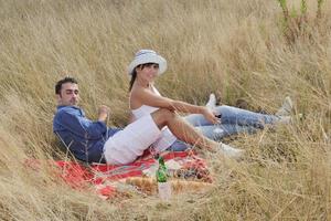 couple heureux profitant d'un pique-nique à la campagne dans l'herbe haute photo