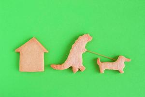 biscuits sablés faits maison sur fond vert, vue de dessus. le dinosaure marche avec un chien près de la maison. photo