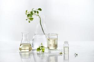 emballage de sérum de soin cosmétique naturel avec feuille, huile faite maison et ingrédient de vitamine de beauté.recherche de produit biologique le récipient de bouteille vierge, bioscience. médecine douce. spa. photo